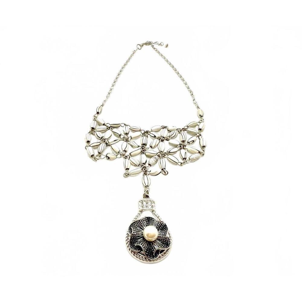 Silver Tone Faux Pearl Statement Necklace Beaded Pendant